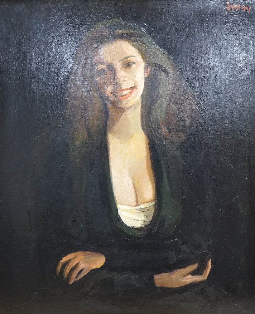 Charles McCall (Scottish, 1907-1989), 'Laughing woman', signed and indistinctly dated, Christies, St James, London, September 1995 label and details verso, oil on board, 75 x 61cm